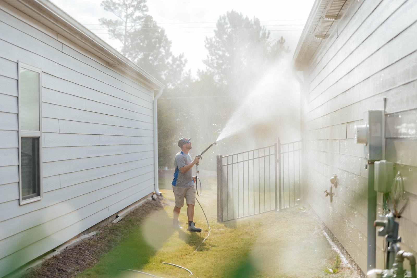 JB Power Clean commercial pressure washing – worker cleaning school grounds